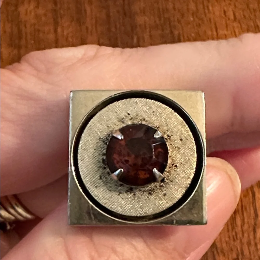 Vintage‎ Mid Century Gold Tone Square Cufflinks with Amber Rhinestone